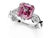 Solitaire Engagement Ring Setting for Fancy Pink Asscher Cut Center with Accented Twist Band and Leaf Prong Head in Platinum