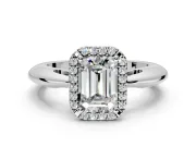 Halo Engagement Ring Setting for Emerald Cut Center with Tapered Plain Band and Prong Head in Sterling Silver