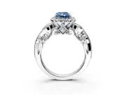 Milgrain Halo Engagement Ring Setting for Fancy Blue Radiant Cut Center with Shoulder Bezels and Prong Head in Platinum