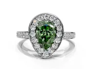 Bezel-Framed Halo Engagement Ring Setting for Fancy Green Pear-Shaped Center with Pave Band and Prong Head in Platinum