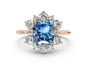 Small-Accent Cluster Halo Engagement Ring Setting for Fancy Blue Radiant Cut Center with Plain Band and Prong Head in Rose Gold