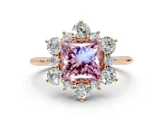 Small-Accent Cluster Halo Engagement Ring Setting for Fancy Pink Princess Cut Center with Plain Band and Prong Head in Rose Gold