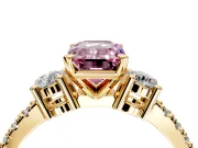 3 Stone Engagement Ring Setting for Fancy Pink Emerald Cut Center with Round Cut Side Accents and Prong Head in Yellow Gold