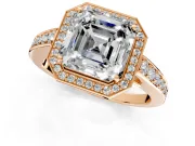 Bezel-Framed Halo Engagement Ring Setting for Asscher Cut Center with Pave Band and Prong Head in Rose Gold