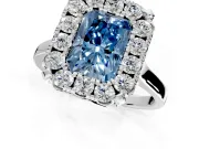 Single Halo Engagement Ring Setting for Fancy Blue Radiant Cut Center with Corner Claws, Plain Band and Prong Head in White Gold