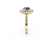 Floral Halo Engagement Ring Setting for Fancy Blue Round Cut Center with Pave Accents and Prong Head in Yellow Gold