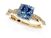 Solitaire Engagement Ring Setting for Fancy Blue Cushion Cut Center with Twisted Pave Band and Prong Head in Yellow Gold