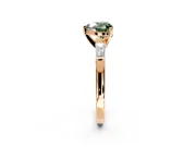 3 Stone Engagement Ring Setting for Fancy Green Heart-Shaped Center with Tapered Baguettes, Plain Band and Prong Head in Rose Gold