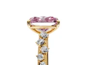 Cluster Engagement Ring Setting for Fancy Pink Radiant Cut Center with Round Cut Accent Band and Prong Head in Yellow Gold