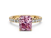 Solitaire Engagement Ring Setting for Fancy Pink Radiant Cut Center with Shared-Prong Accents and Prong Head in Yellow Gold