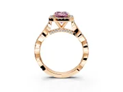 Halo Engagement Ring Setting for Fancy Pink Emerald Cut Center with Twist Band and Prong Head in Rose Gold