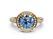 Halo Engagement Ring Setting for Fancy Blue Round Cut Center with Framed Halo, Pave Band and Prong Head in Yellow Gold