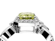 Halo Engagement Ring Setting for Fancy Yellow Radiant Cut Center with Floral Band and Prong Head in White Gold