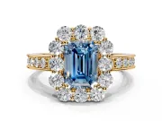 Halo Engagement Ring Setting for Fancy Blue Emerald Cut Center with Milgrain Channel Band and Prong Head in Yellow Gold