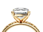 Solitaire Engagement Ring Setting for Asscher Cut Center with XO Engraved Band and Prong Head in Yellow Gold