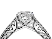 Solitaire Engagement Ring Setting for Cushion Cut Center with Engraved Pave Band and Prong Head in White Gold