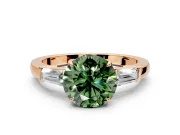 3 Stone Engagement Ring Setting for Fancy Green Round Cut Center with Baguette Accents and Prong Head in Rose Gold