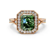 Halo Engagement Ring Setting for Fancy Green Radiant Cut Center with Milgrain Rim, Pave Band and Prong Head in Rose Gold