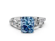 Leaf Motif Engagement Ring Setting for Fancy Blue Radiant Cut Center with Pave Band and Prong Head in Platinum