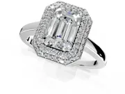Halo Engagement Ring Setting for Emerald Cut Center with Plain Tapered Band and Prong Head in Sterling Silver