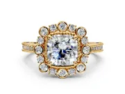 Milgrain Halo Engagement Ring Setting for Cushion Cut Center with Bezel Point Accents and Prong Head in Yellow Gold