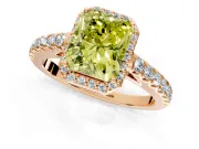 Halo Engagement Ring Setting for Fancy Yellow Radiant Cut Center with Full Pave Band and Prong Head in Rose Gold