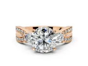 3 Stone Engagement Ring Setting for Round Cut Center with Pave Twist Band and Prong Head in Rose Gold