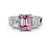 3 Stone Engagement Ring Setting for Fancy Pink Emerald Cut Center with Matching Side Accents and Prong Head in Platinum