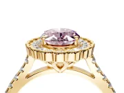 Milgrain Floral Halo Engagement Ring Setting for Fancy Pink Oval Center with Pave Band and Prong Head in Yellow Gold