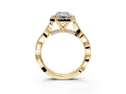Halo Engagement Ring Setting for Emerald Cut Center with Twist Band and Prong Head in Yellow Gold
