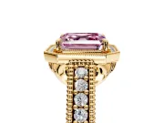 Milgrain Halo Engagement Ring Setting for Fancy Pink Asscher Cut Center with Pave Band and Prong Head in Yellow Gold