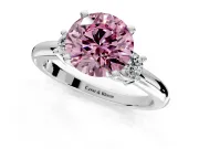 3 Stone Engagement Ring Setting for Fancy Pink Round Cut Center with Wide Plain Band and Prong Head in White Gold