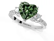 3 Stone Engagement Ring Setting for Fancy Green Heart-Shaped Center with Round Cut Side Accents and Prong Head in Platinum