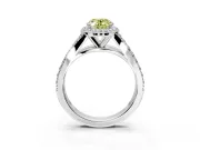 Halo Engagement Ring Setting for Fancy Yellow Oval Center with Narrow Pave Split Shank and Prong Head in White Gold
