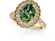 Milgrain Floral Halo Engagement Ring Setting for Fancy Green Oval Center with Pave Band and Prong Head in Yellow Gold