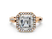 Halo Engagement Ring Setting for Asscher Cut Center with Pave and Plain Twist Band and Prong Head in Rose Gold