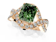 Halo Engagement Ring Setting for Fancy Green Radiant Cut Center with Pave Infinity Twist Band and Prong Head in Rose Gold