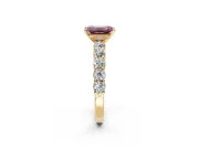 Shared-Prong Engagement Ring Setting for Fancy Pink Emerald Cut Center with Graduated Accents and Prong Head in Yellow Gold