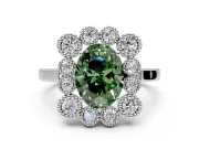 Cluster Halo Engagement Ring Setting for Fancy Green Oval Center with Milgrain Bezel Accents and Prong Head in Platinum