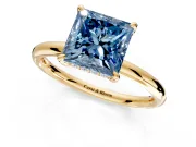 Hidden Halo Engagement Ring Setting for Fancy Blue Princess Cut Center with Thin Rounded Band and Prong Head in Yellow Gold
