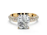 Solitaire Engagement Ring Setting for Radiant Cut Center with Domed Multi-Row Pave Band and Prong Head in Yellow Gold