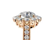 Halo Engagement Ring Setting for Round Cut Center with Milgrain Channel Band and Prong Head in Rose Gold