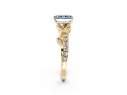 Leaf Motif Engagement Ring Setting for Fancy Blue Radiant Cut Center with Pave Band and Prong Head in Yellow Gold