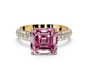 Solitaire Engagement Ring Setting for Fancy Pink Asscher Cut Center with Domed Multi-Row Pave Band and Prong Head in Yellow Gold