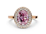 Halo Engagement Ring Setting for Fancy Pink Oval Center with Plain Tapered Band and Prong Head in Rose Gold