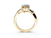 3 Stone Engagement Ring Setting for Heart-Shaped Center with Baguette Accents and Prong Head in Yellow Gold