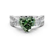 3 Stone Engagement Ring Setting for Fancy Green Heart-Shaped Center with Pave Twist Band and Prong Head in White Gold