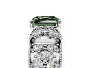 Pave Engagement Ring Setting for Fancy Green Asscher Cut Center with Curved Accent Rows, Openwork and Prong Head in Platinum