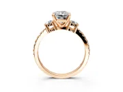 3 Stone Engagement Ring Setting for Radiant Cut Center with Round Cut Side Accents and Prong Head in Rose Gold