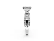 3 Stone Engagement Ring Setting for Emerald Cut Center with Pave Twist Band and Prong Head in White Gold